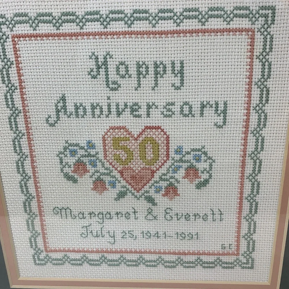 Vtg Framed Completed Cross Stitch 50th Happy Anniversary Floral Heart 12
